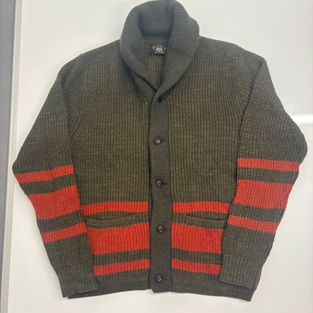 Polo RL Hunter Green Orange Striped Shawl Cardigan L